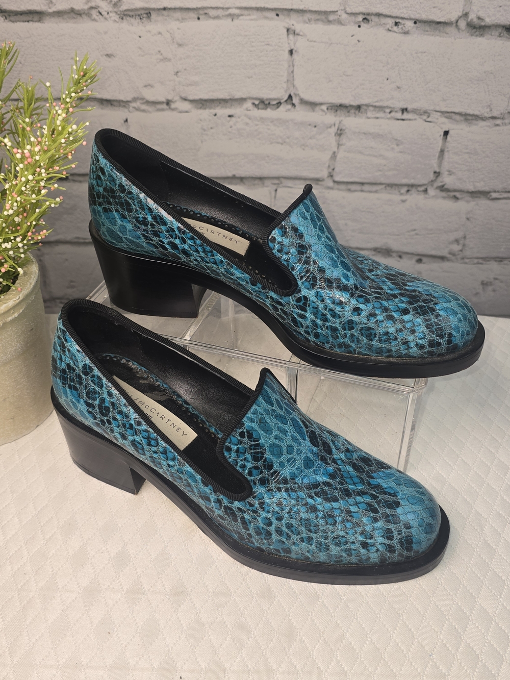 STELLA MCCARTNEY TURQUOISE BLUE LOAFERS SNAKESKIN BLOCK HEEL MADE IN ITALY 36 - Picture 2 of 11
